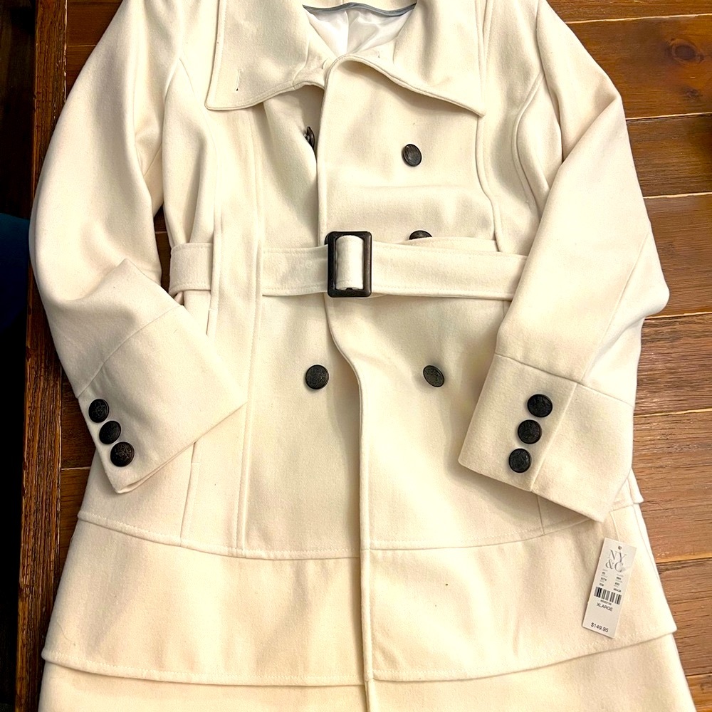 New York & Company White Trench Coat with Belted Waist